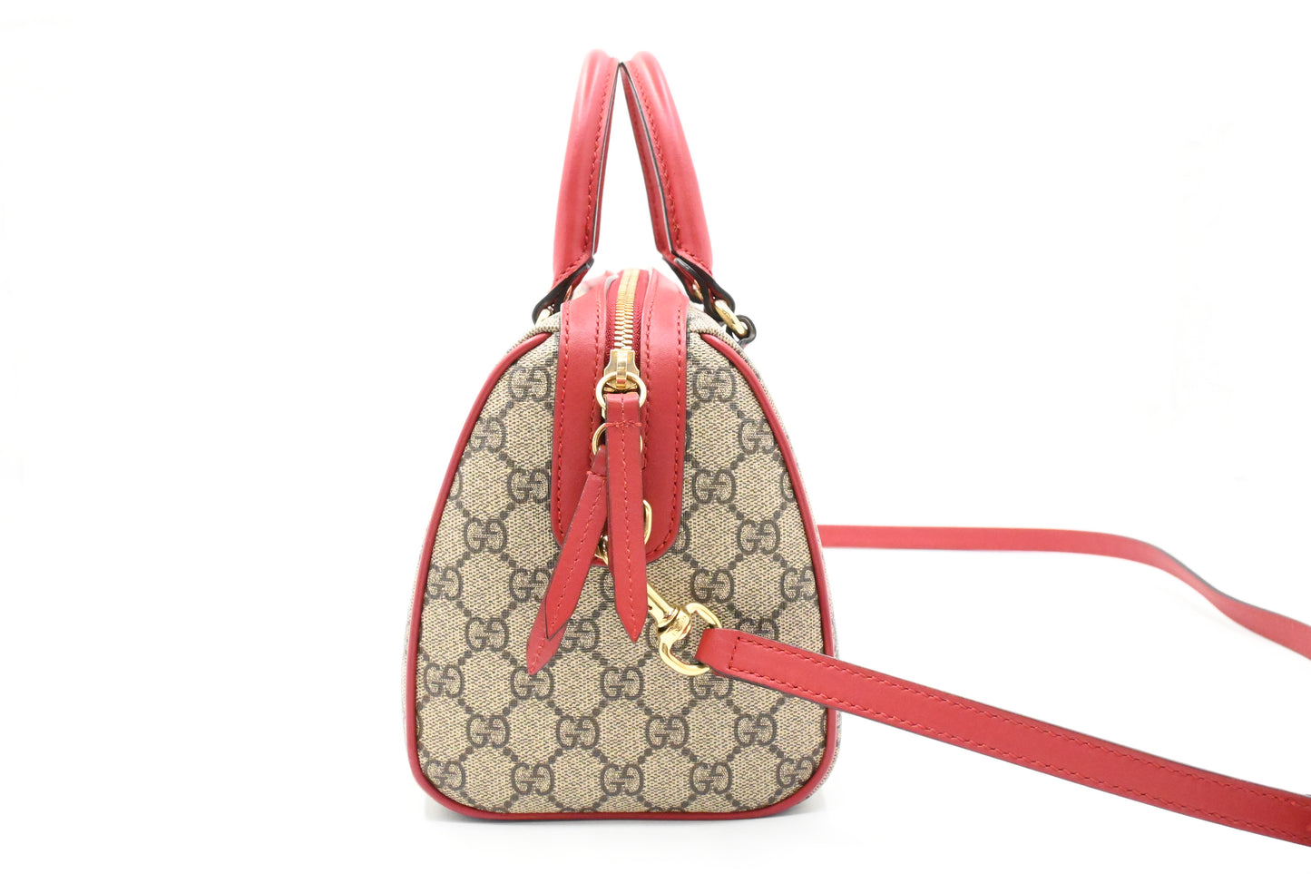 Gucci Snake Boston Bag in GG Supreme Canvas and Red Leather