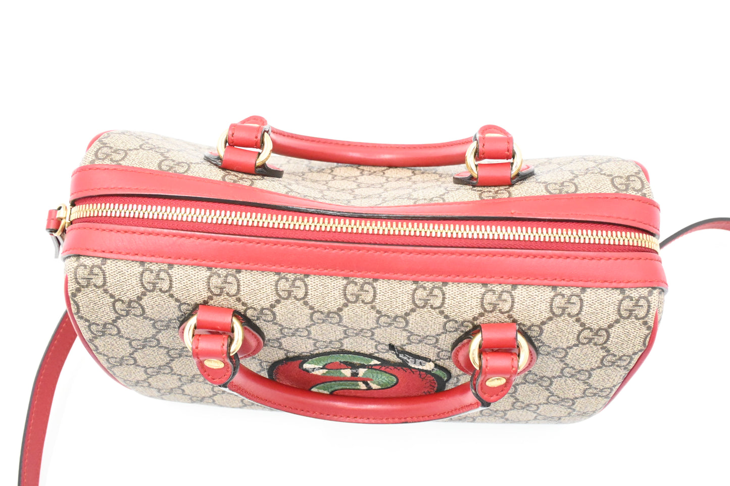 Gucci Snake Boston Bag in GG Supreme Canvas and Red Leather