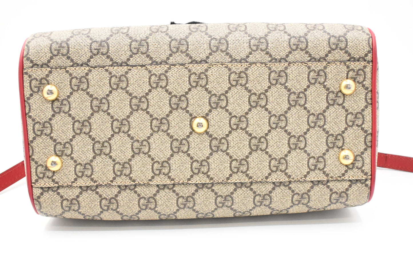 Gucci Snake Boston Bag in GG Supreme Canvas and Red Leather
