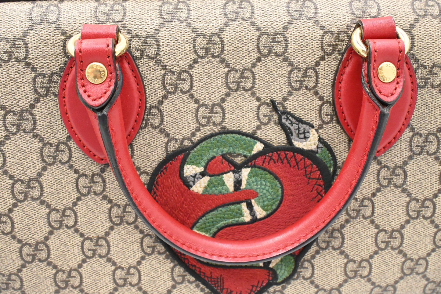 Gucci Snake Boston Bag in GG Supreme Canvas and Red Leather