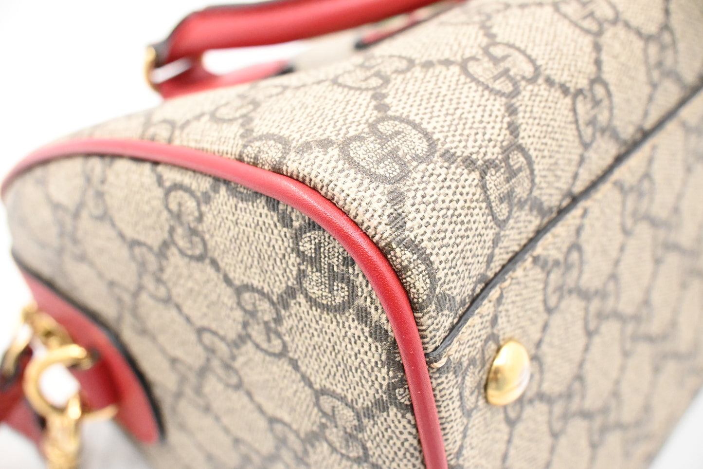 Gucci Snake Boston Bag in GG Supreme Canvas and Red Leather