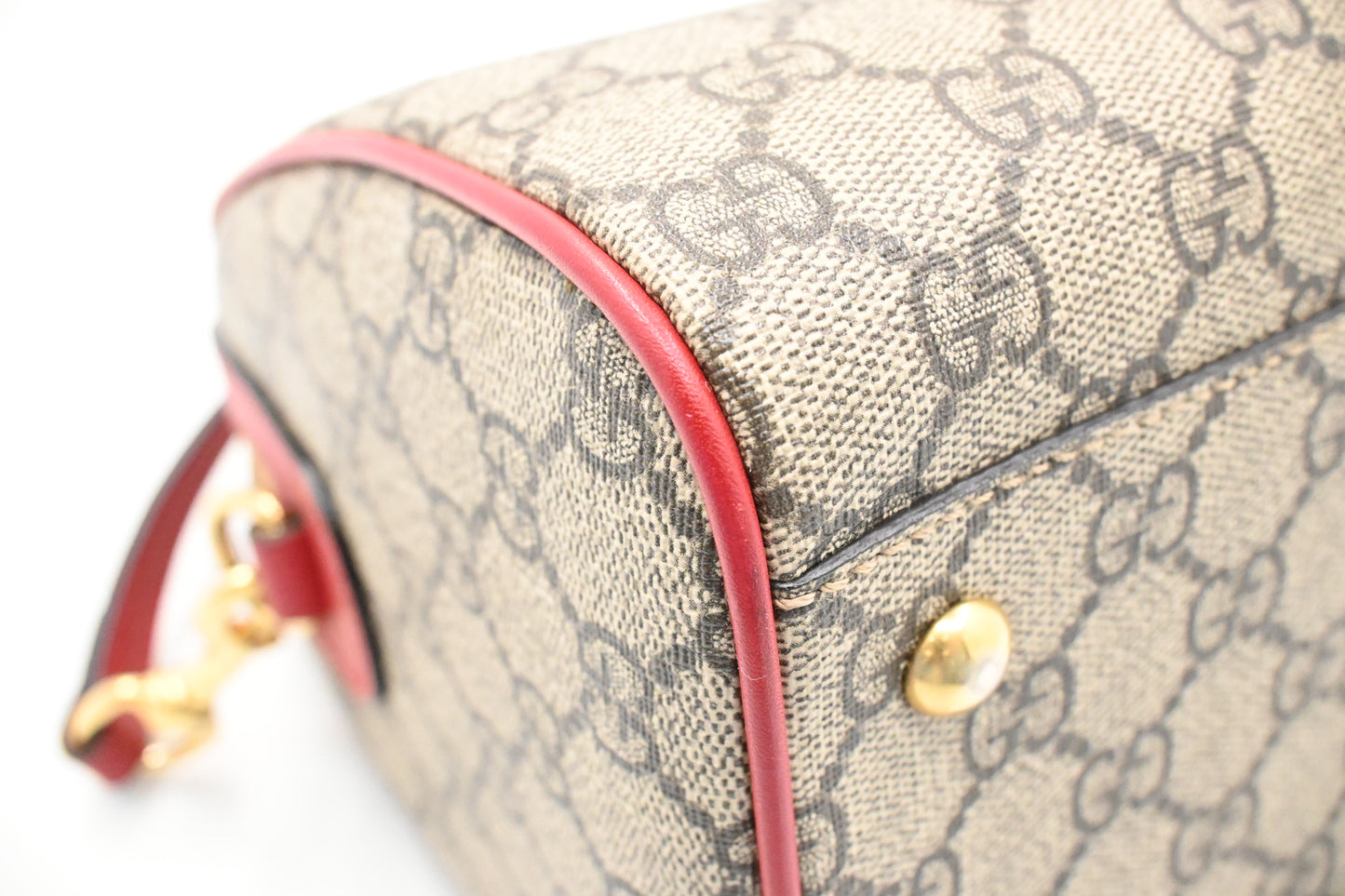 Gucci Snake Boston Bag in GG Supreme Canvas and Red Leather