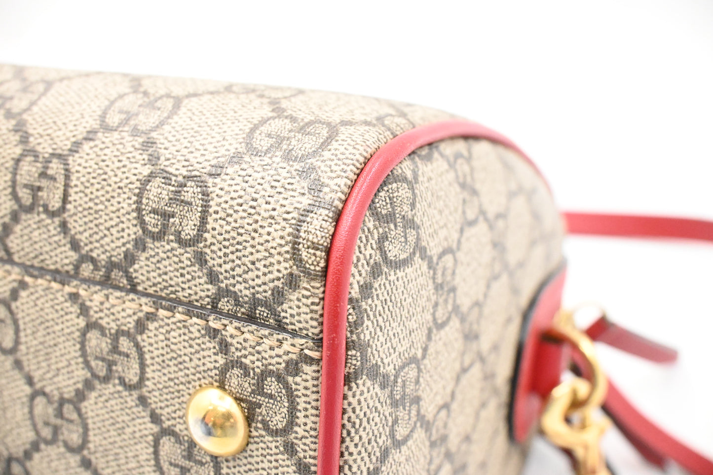 Gucci Snake Boston Bag in GG Supreme Canvas and Red Leather