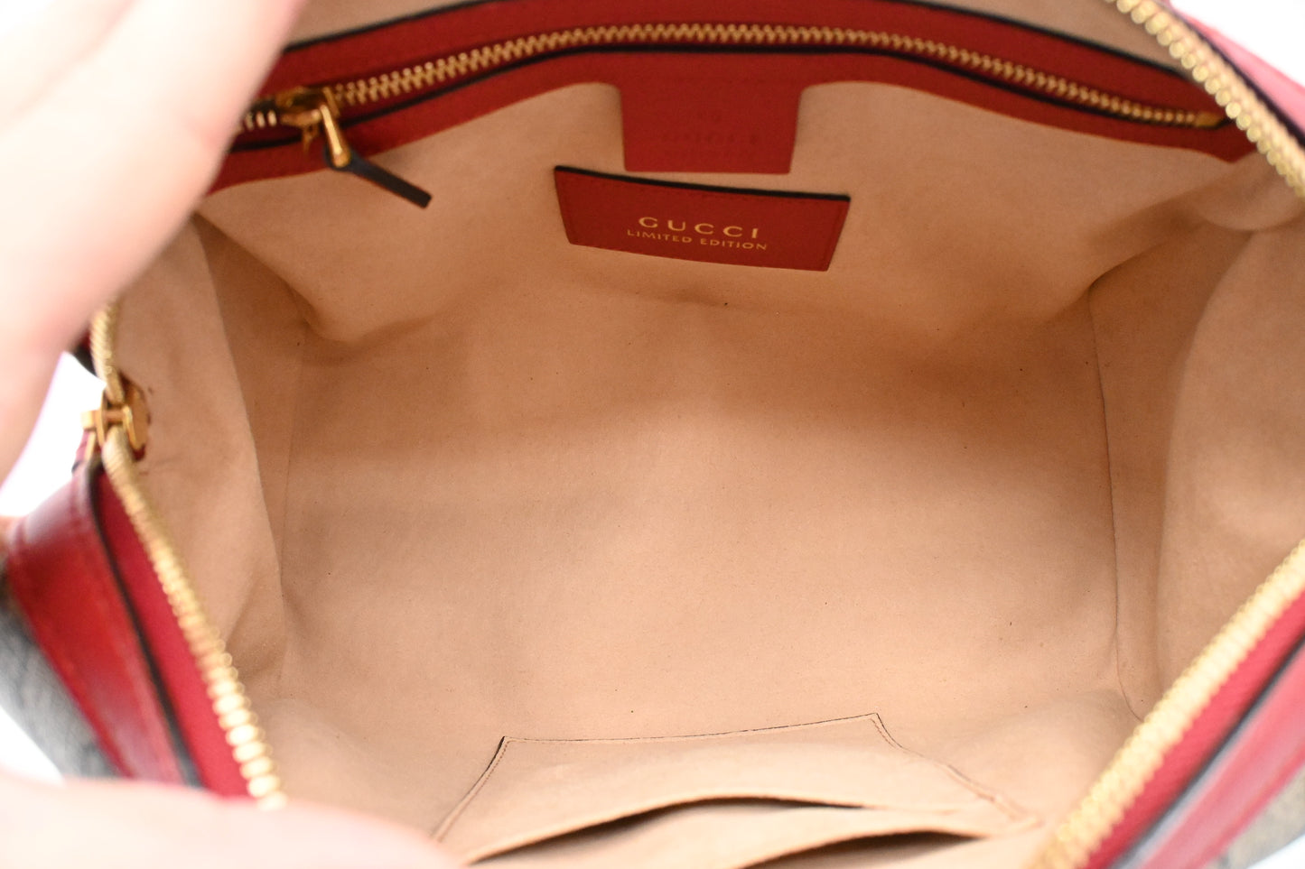 Gucci Snake Boston Bag in GG Supreme Canvas and Red Leather