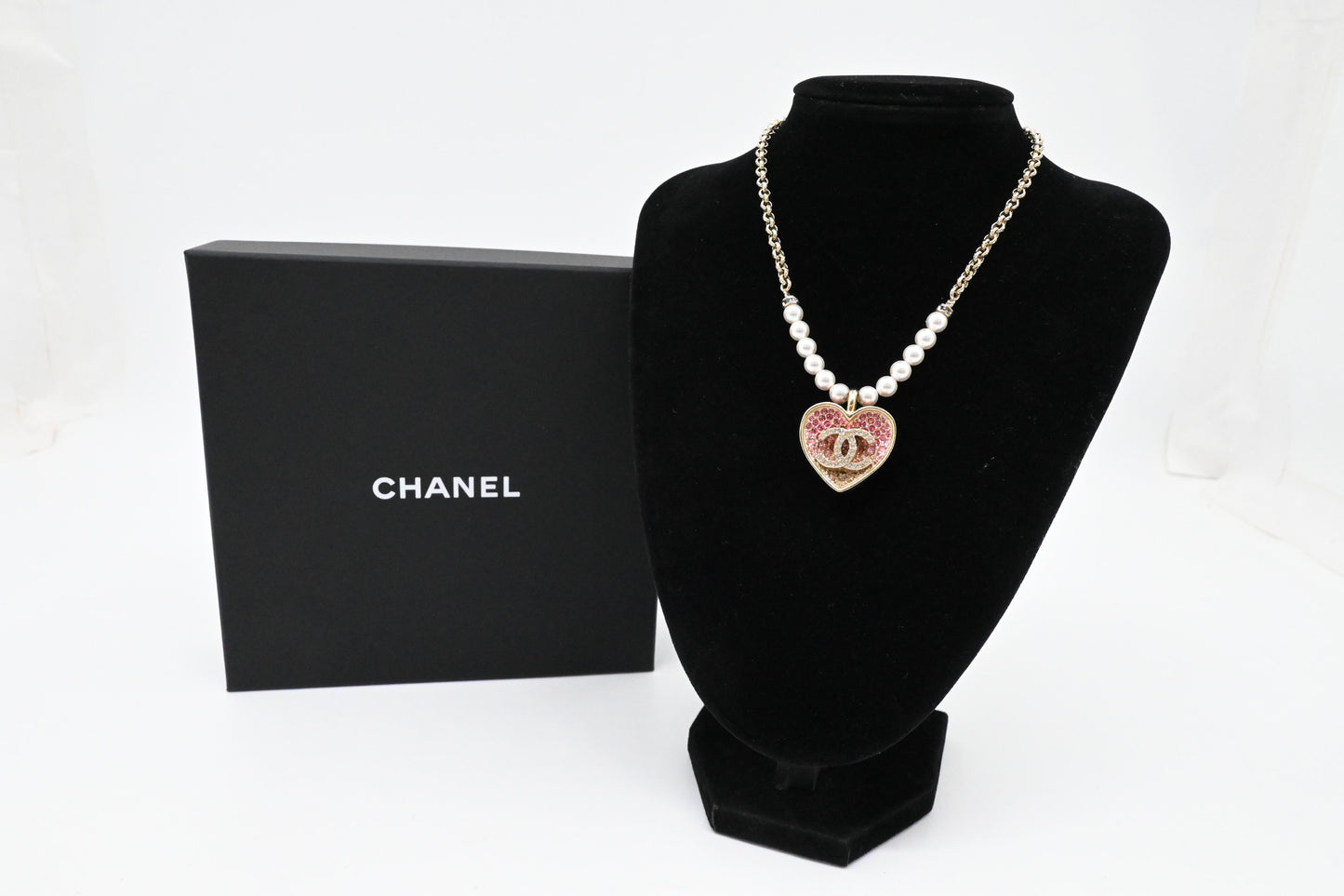 Chanel Pink Crystal Heart Necklace