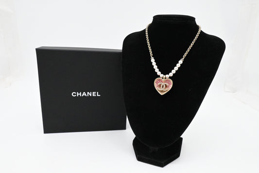 Chanel Pink Crystal Heart Necklace