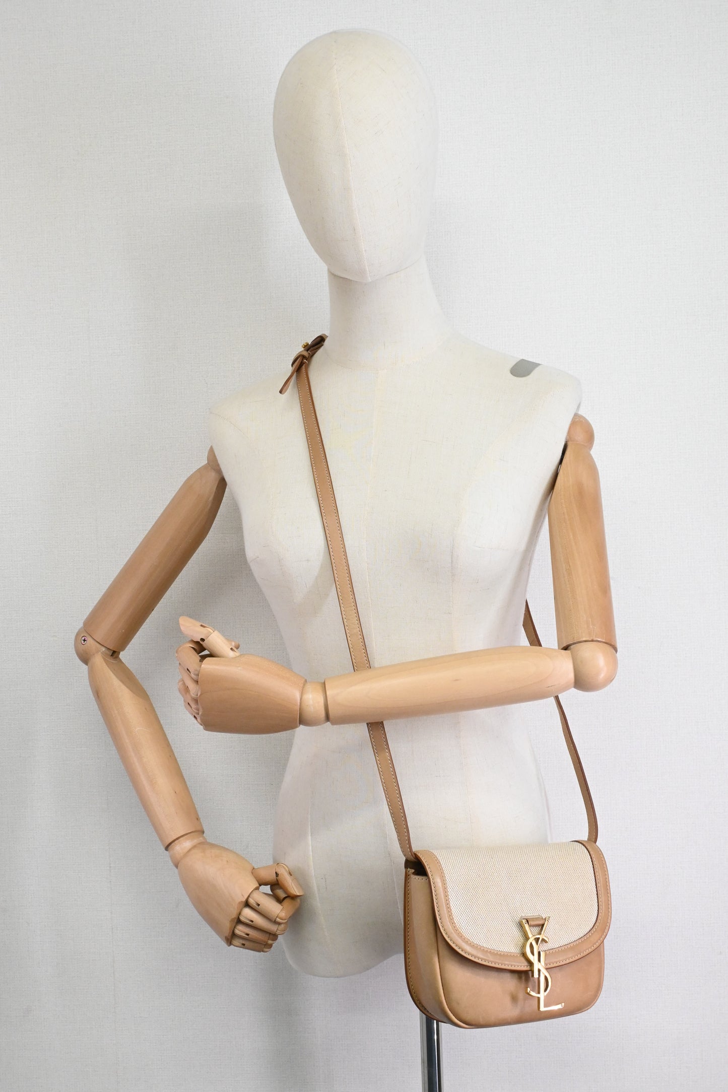 YSL Saint Laurent Kaia Crossbody Bag in Beige Leather and Canvas