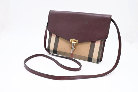 Burberry Crossbody in Burgundy Leather and Checked Canvas