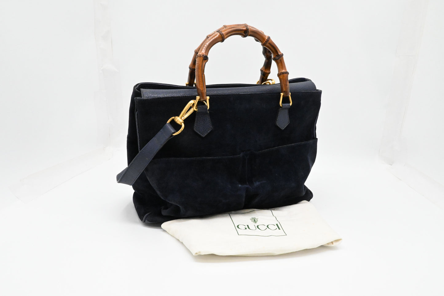 Gucci Bamboo Tote in Navy Blue Suede