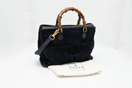 Gucci Bamboo Tote in Navy Blue Suede