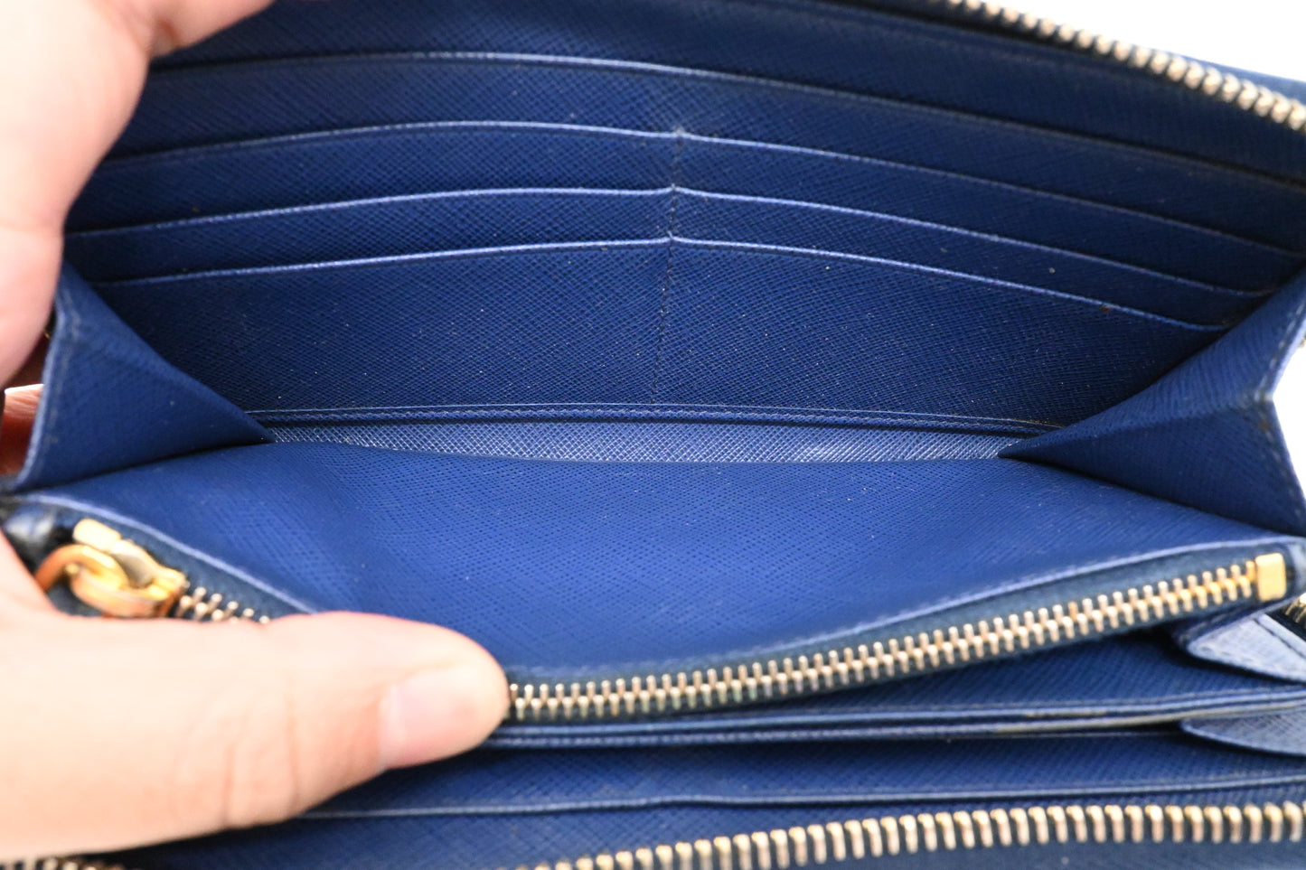 Prada Long Zippy Wallet in Saffiano Blue Leather