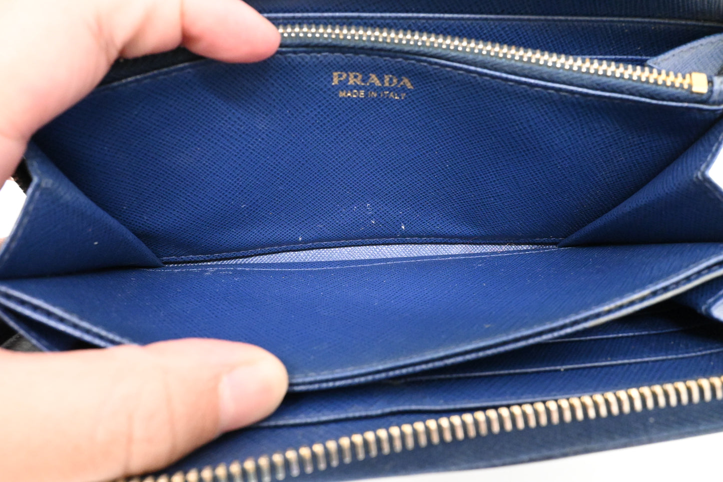 Prada Long Zippy Wallet in Saffiano Blue Leather