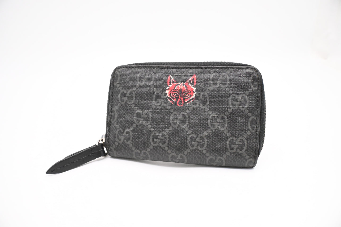 Gucci Wolf Zippy Coin Case in Black GG Coated Canvas