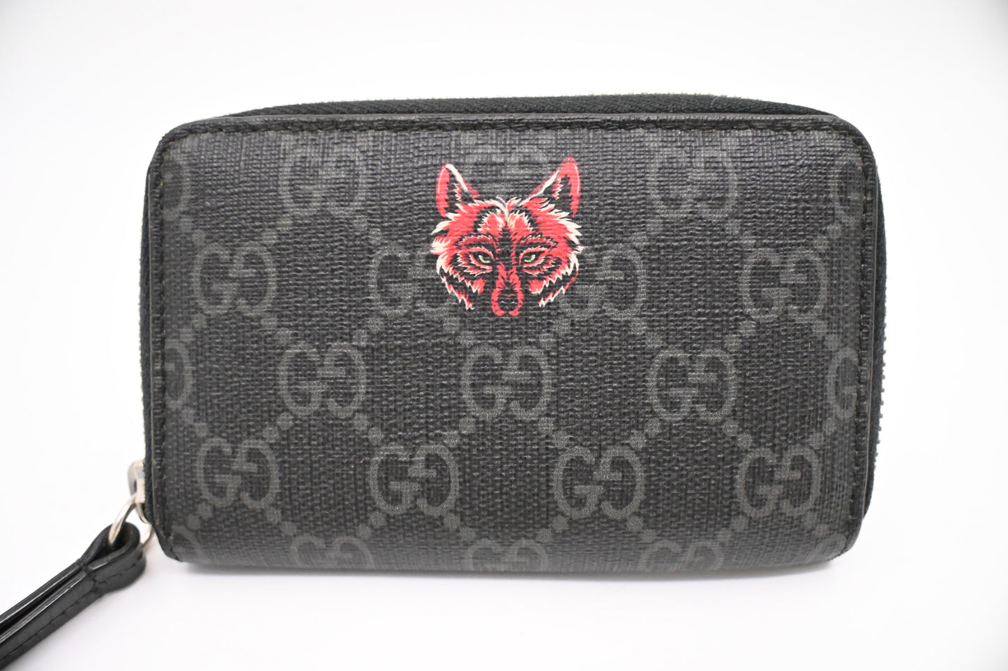 Gucci Wolf Zippy Coin Case in Black GG Coated Canvas