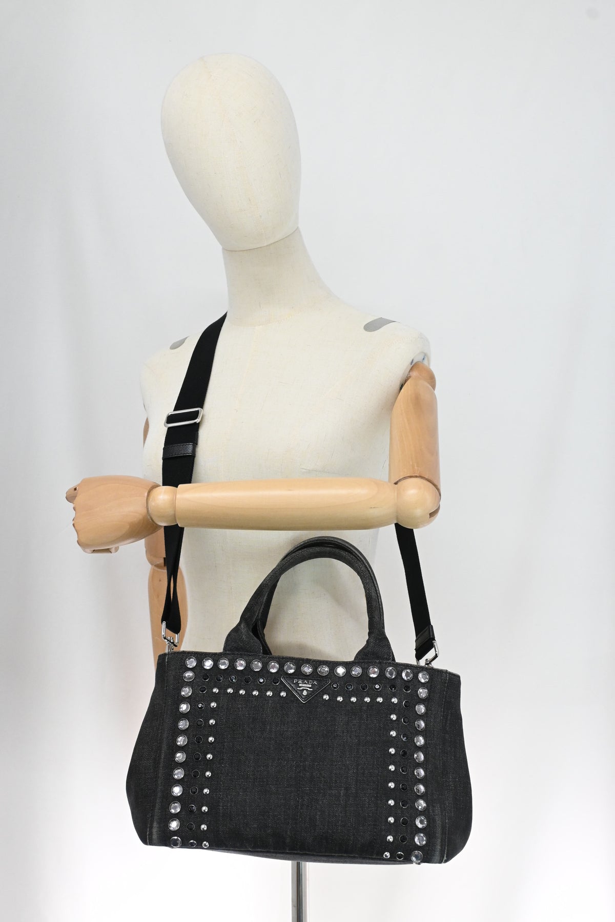 Prada Small Bijoux Canapa in Gray Studded Canvas