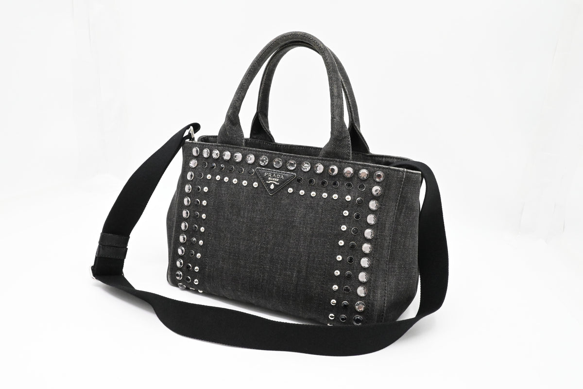 Prada Small Bijoux Canapa in Gray Studded Canvas