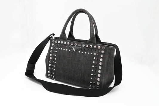 Prada Small Bijoux Canapa in Gray Studded Canvas