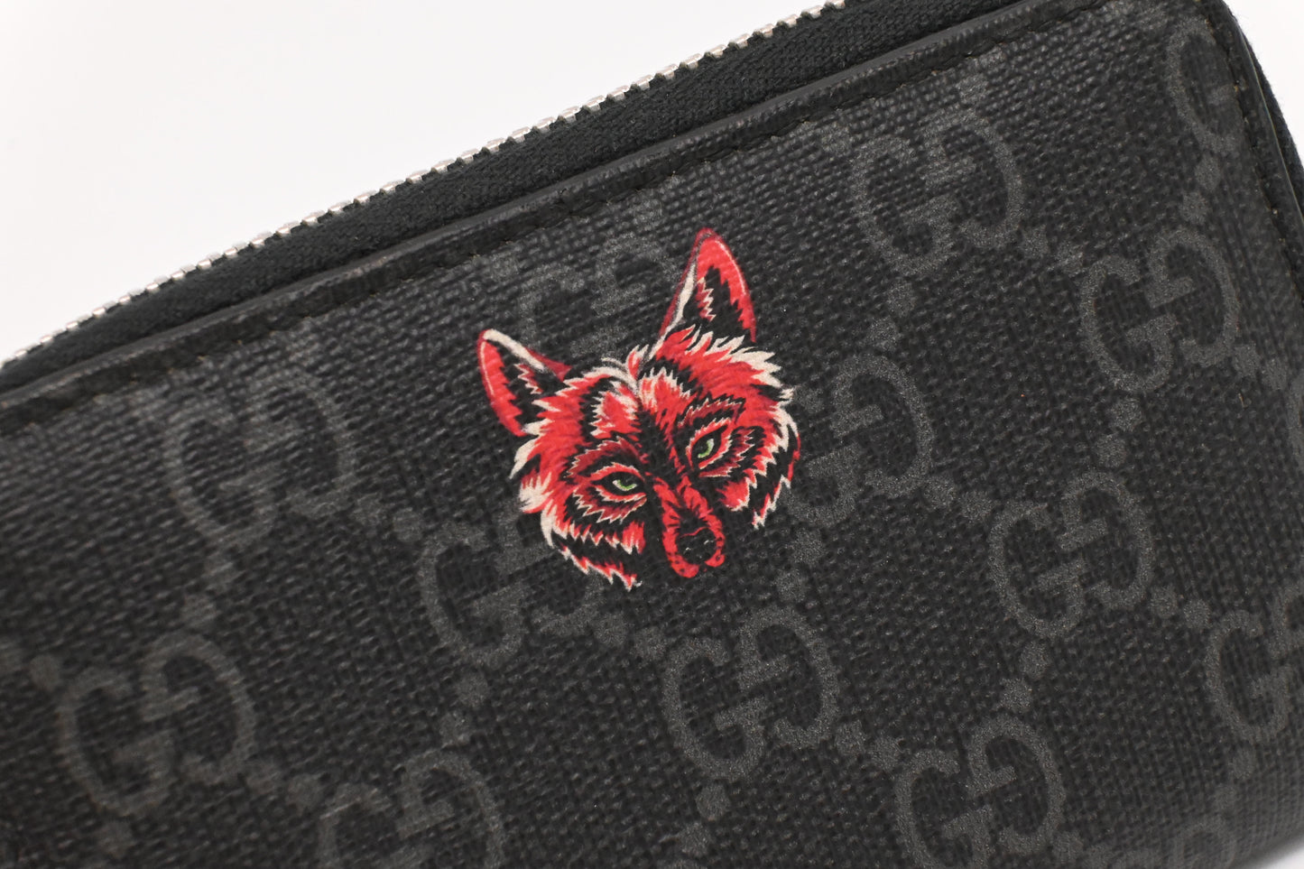 Gucci Wolf Zippy Coin Case in Black GG Coated Canvas