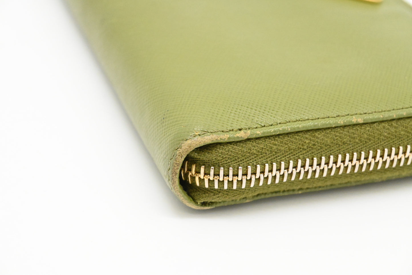 Prada Zippy Wallet in Green Leather