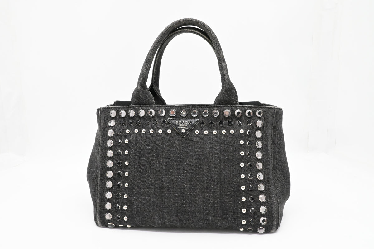 Prada Small Bijoux Canapa in Gray Studded Canvas