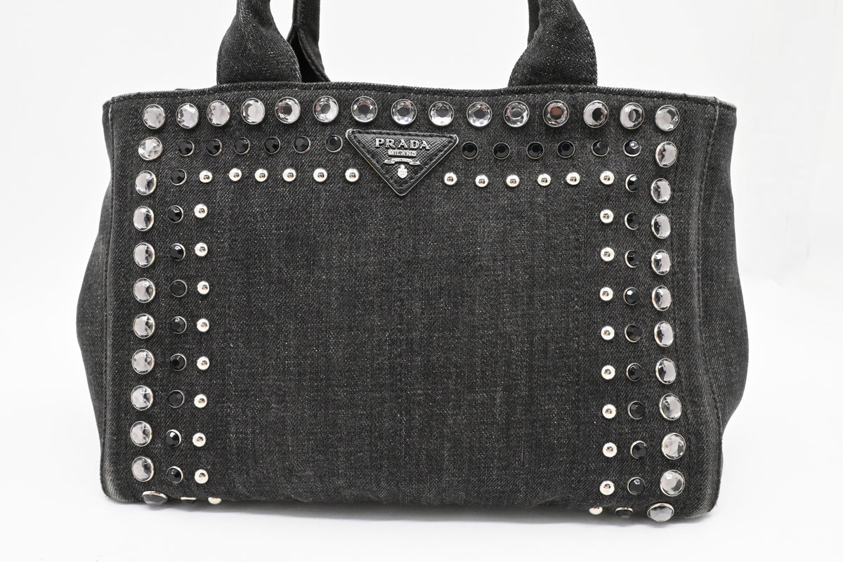 Prada Small Bijoux Canapa in Gray Studded Canvas