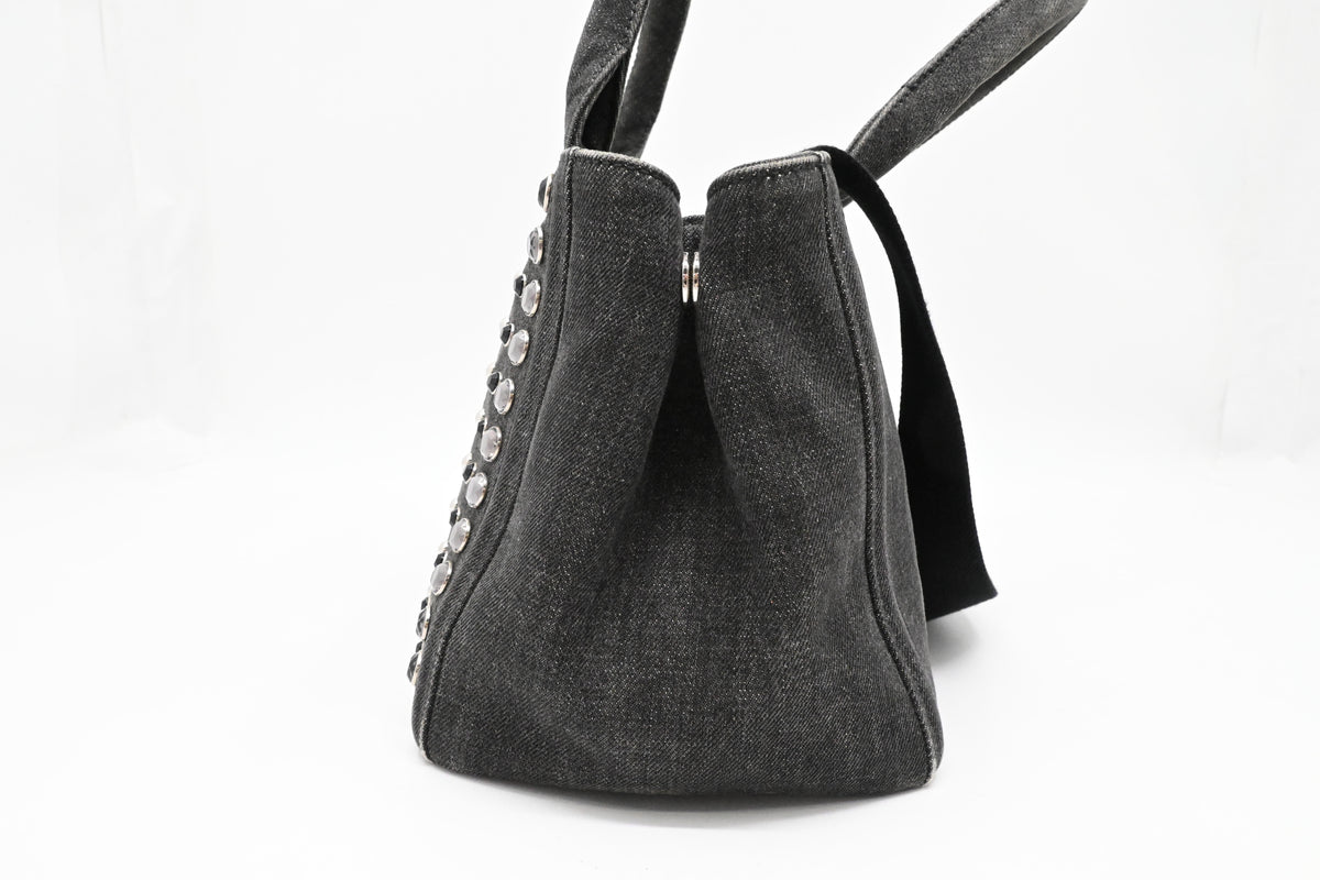 Prada Small Bijoux Canapa in Gray Studded Canvas