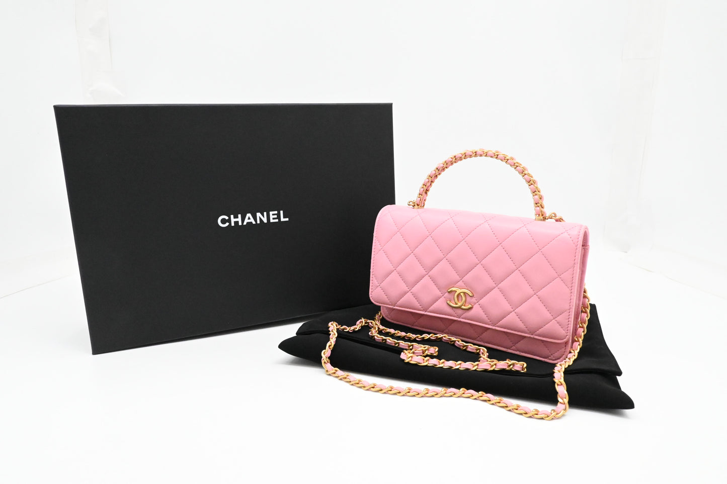 Chanel Top Handle Chain Crossbody Bag in Pink Matelassé Leather