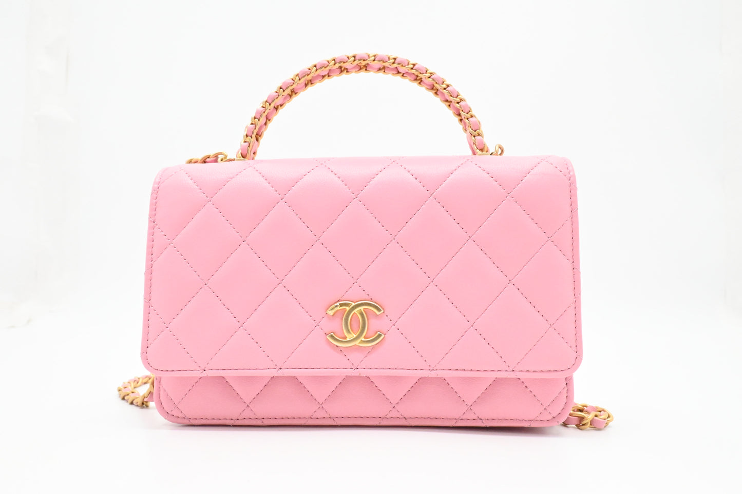 Chanel Top Handle Chain Crossbody Bag in Pink Matelassé Leather