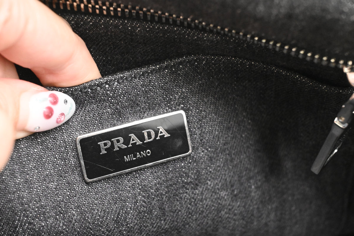 Prada Small Bijoux Canapa in Gray Studded Canvas