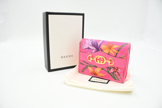 Gucci Card Case Wallet in Fluorescent Pink Floral Canvas