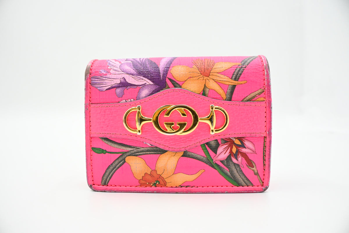Gucci Card Case Wallet in Fluorescent Pink Floral Canvas
