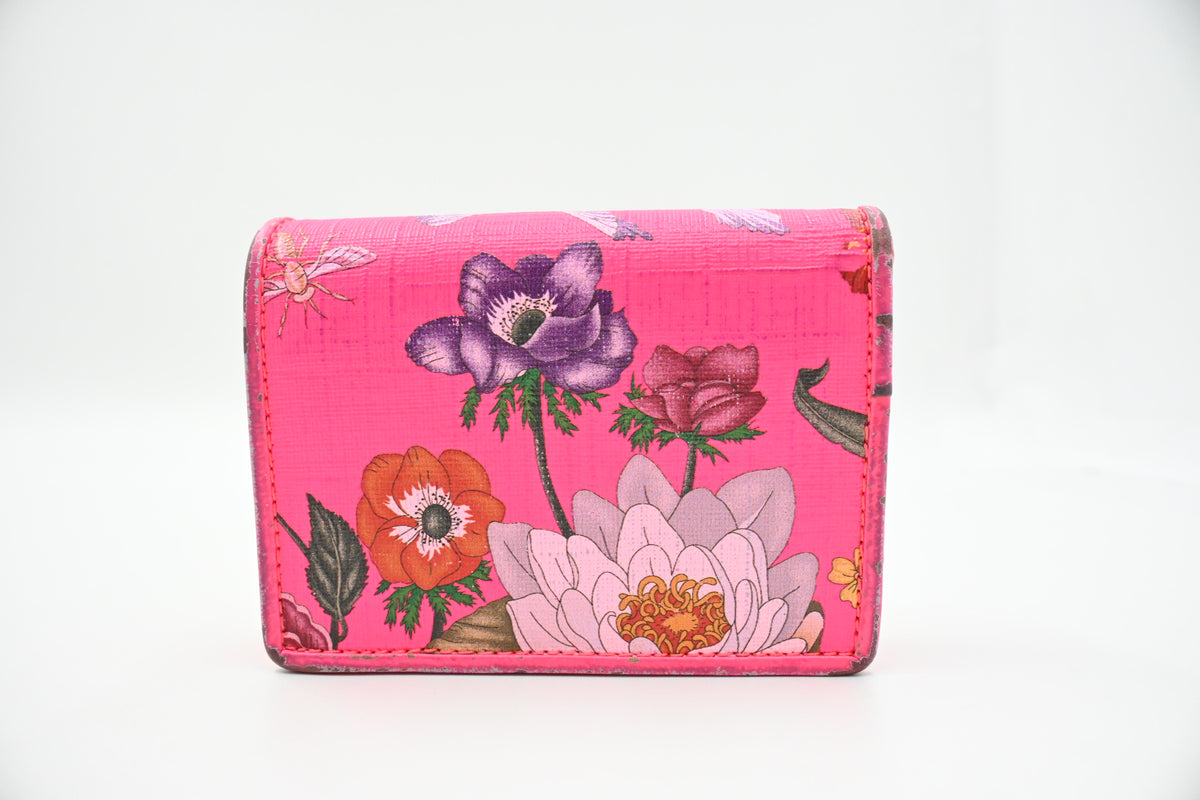 Gucci Card Case Wallet in Fluorescent Pink Floral Canvas