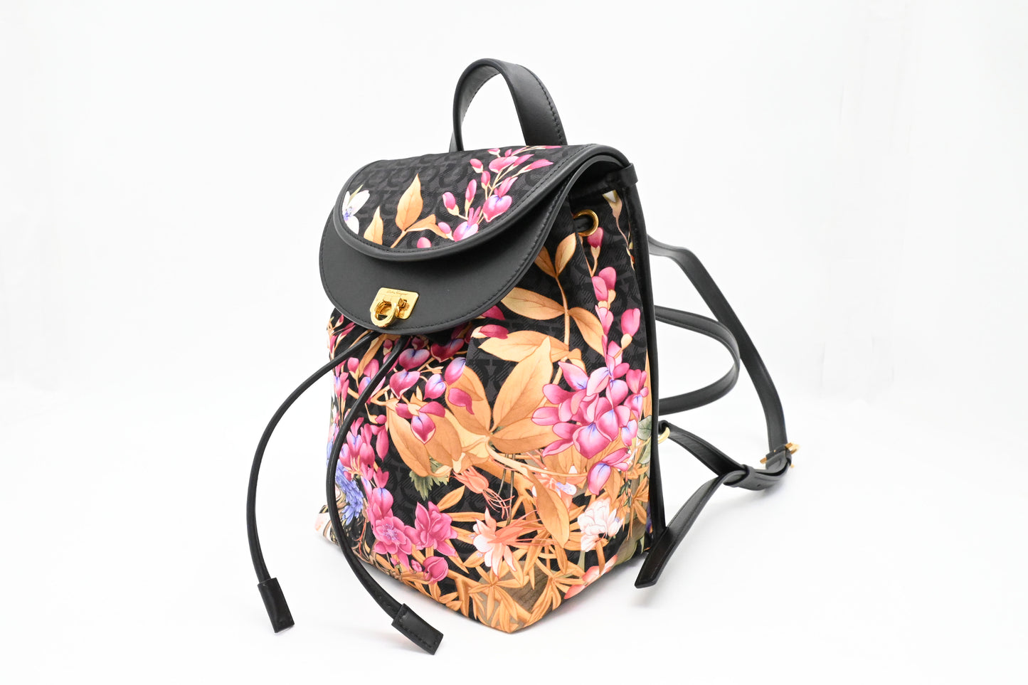 Ferragamo Backpack in Floral Nylon and Black Leather