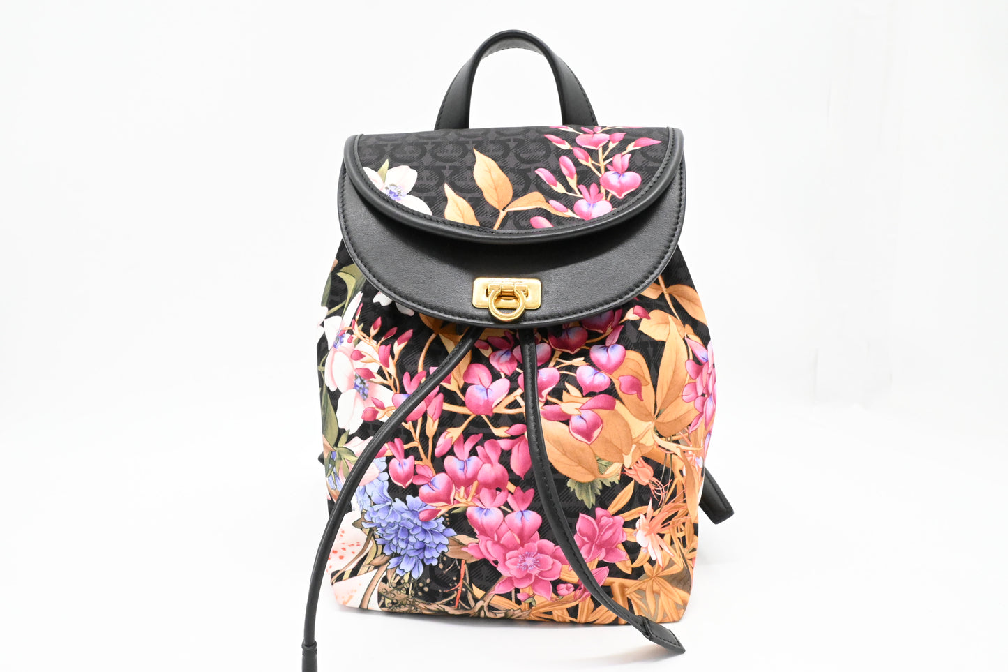 Ferragamo Backpack in Floral Nylon and Black Leather