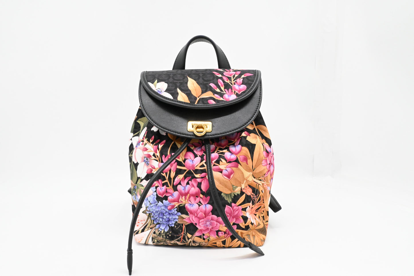 Ferragamo Backpack in Floral Nylon and Black Leather