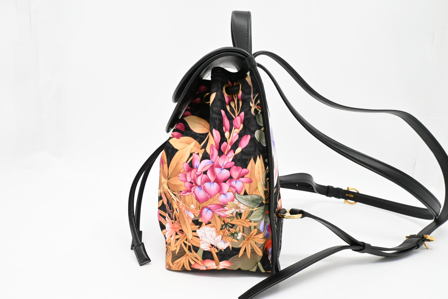 Ferragamo Backpack in Floral Nylon and Black Leather