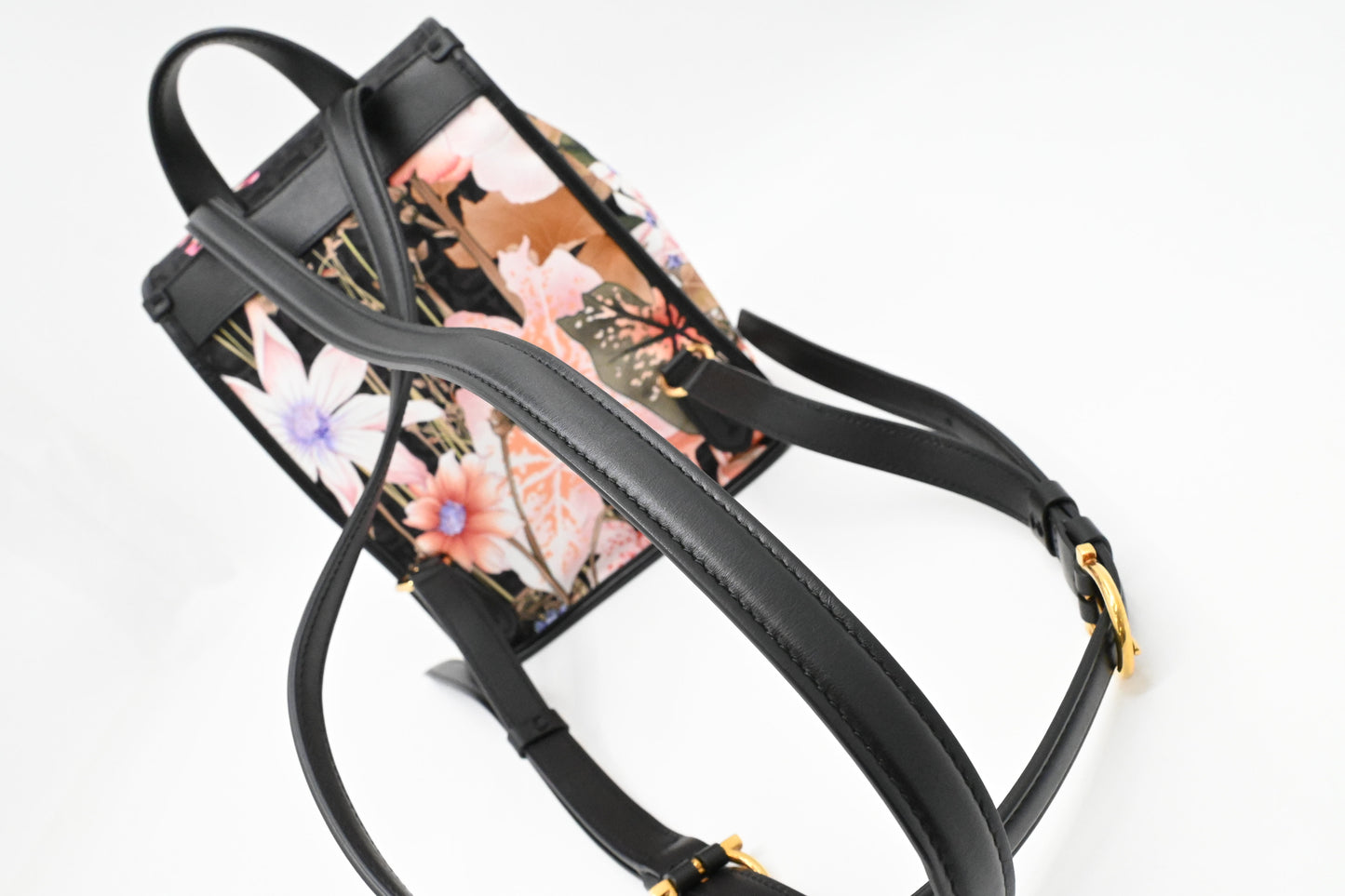 Ferragamo Backpack in Floral Nylon and Black Leather