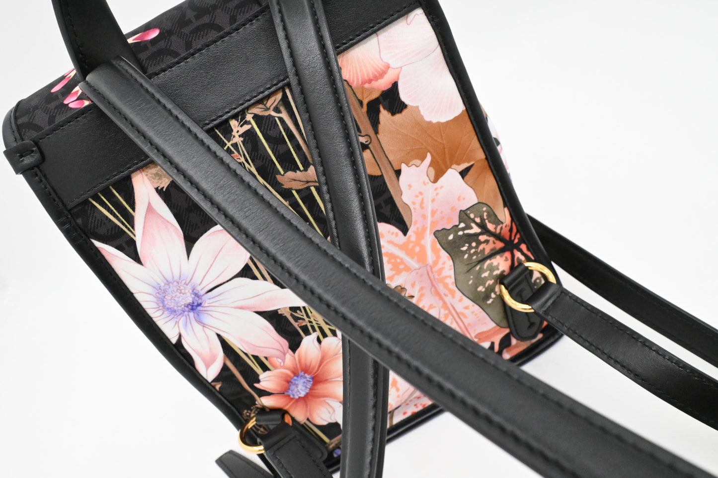 Ferragamo Backpack in Floral Nylon and Black Leather