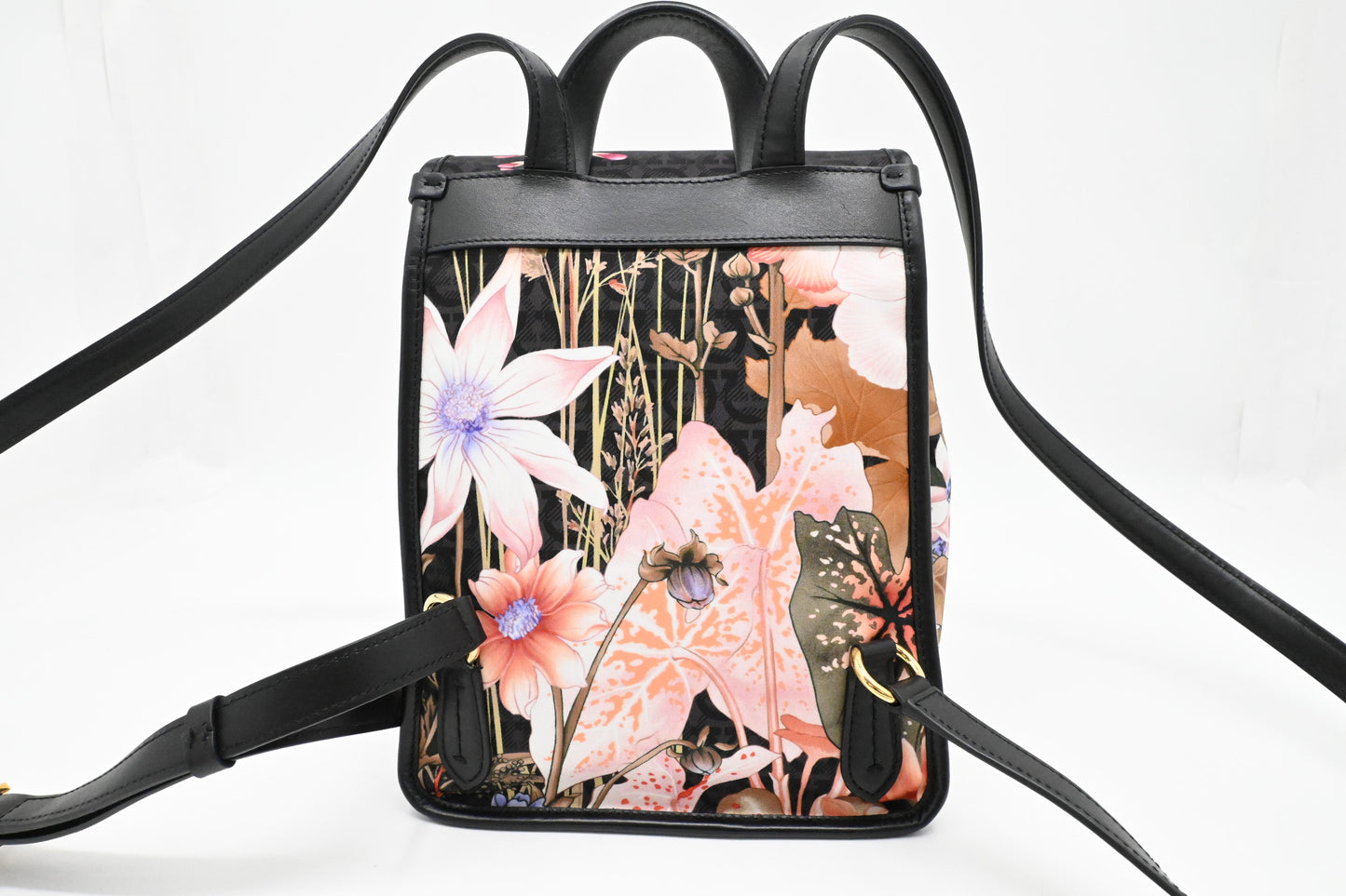 Ferragamo Backpack in Floral Nylon and Black Leather