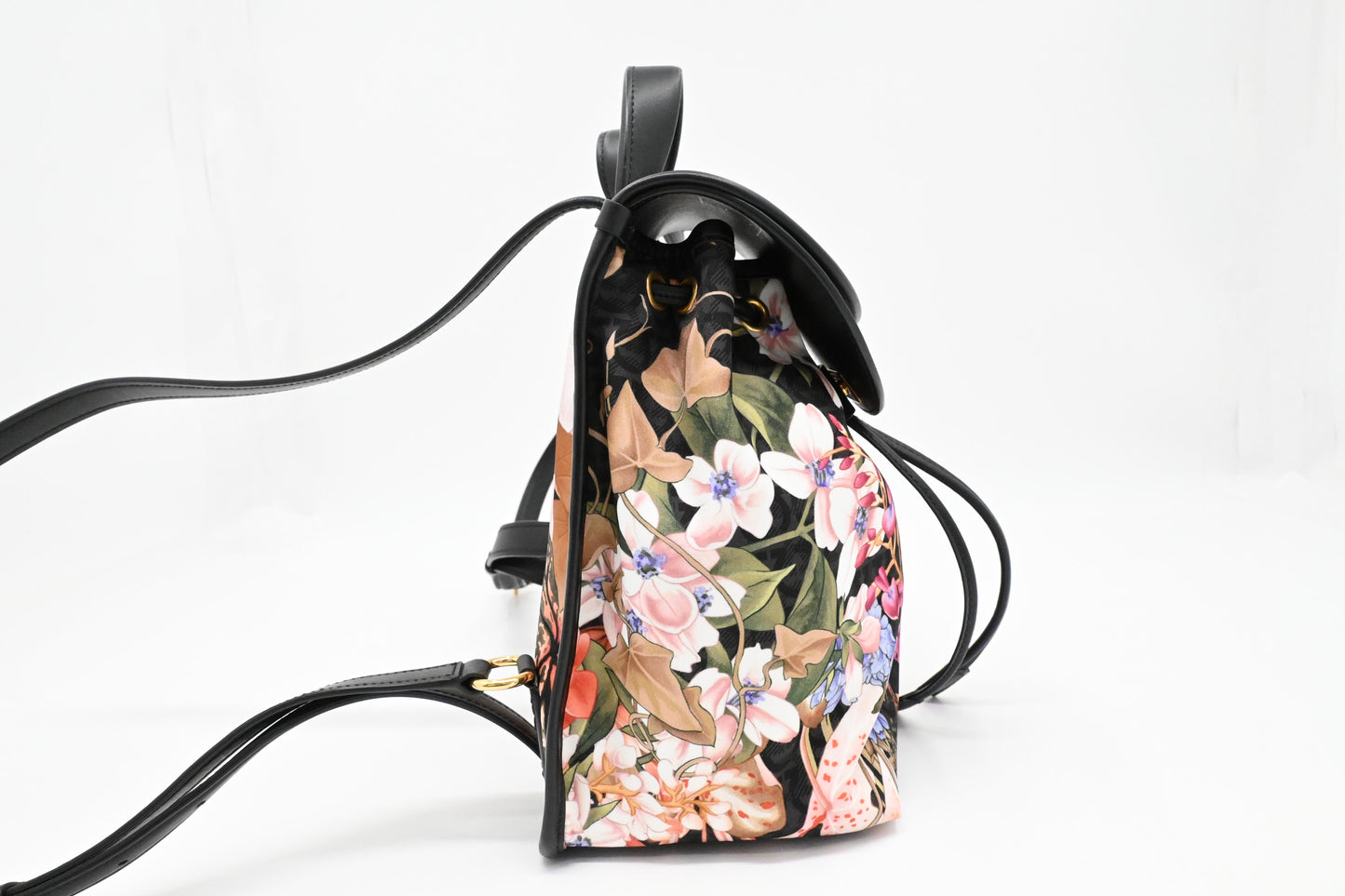 Ferragamo Backpack in Floral Nylon and Black Leather