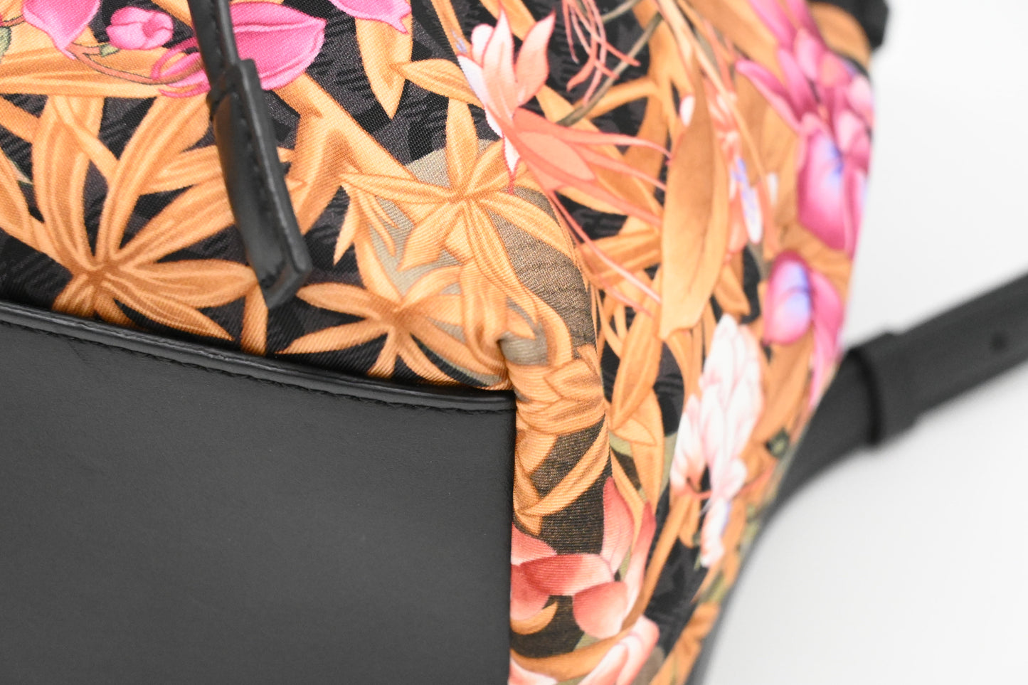 Ferragamo Backpack in Floral Nylon and Black Leather