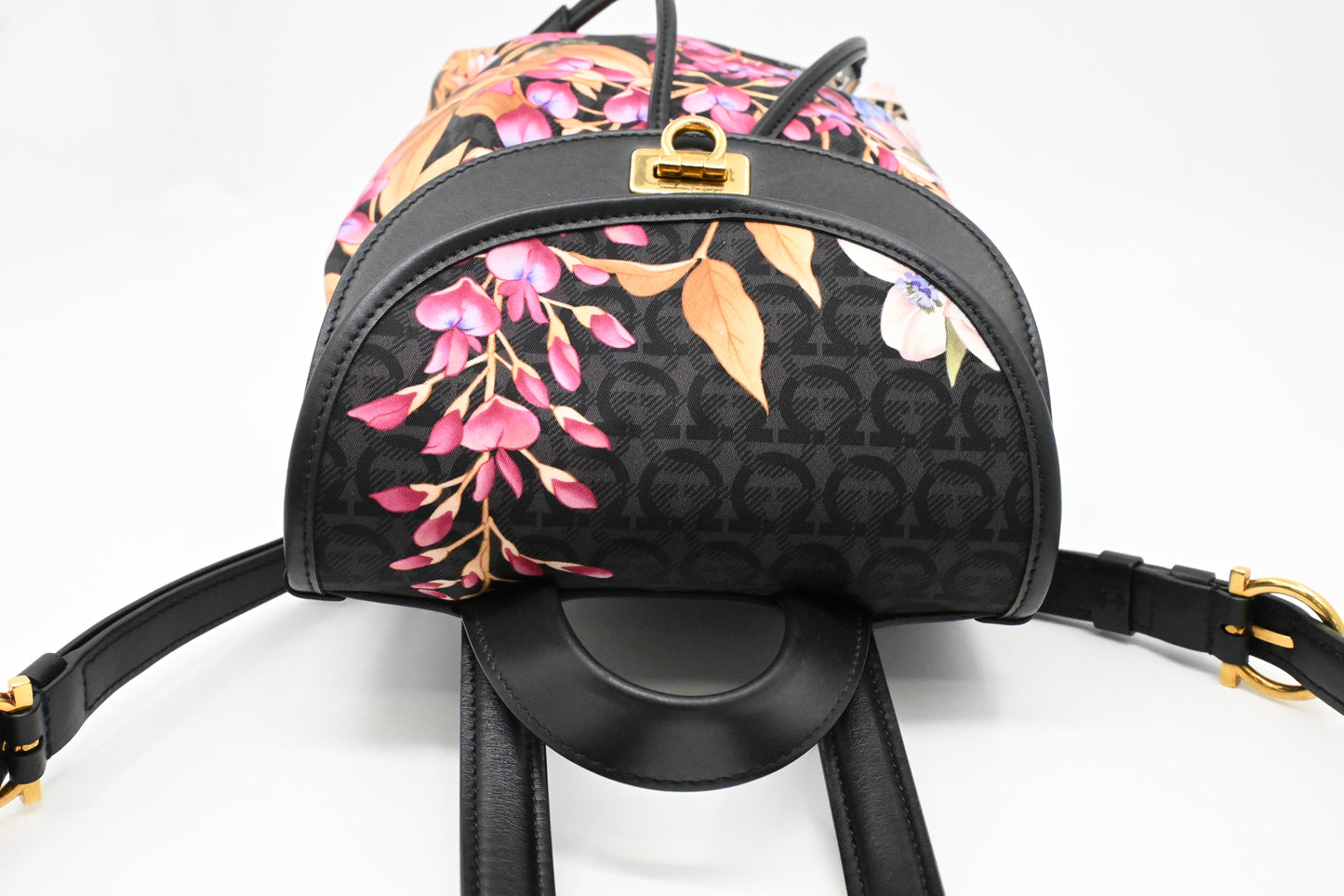 Ferragamo Backpack in Floral Nylon and Black Leather