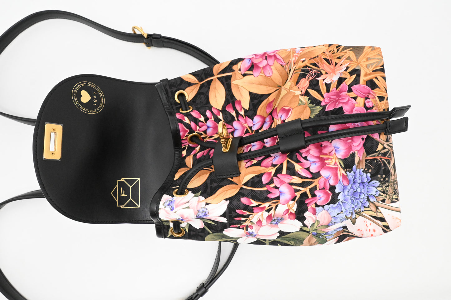 Ferragamo Backpack in Floral Nylon and Black Leather