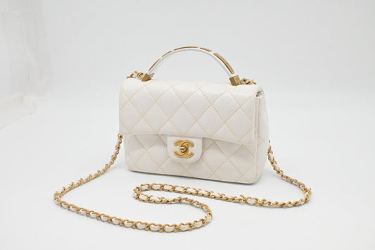 Chanel Small Top Handle Flap in White Leather