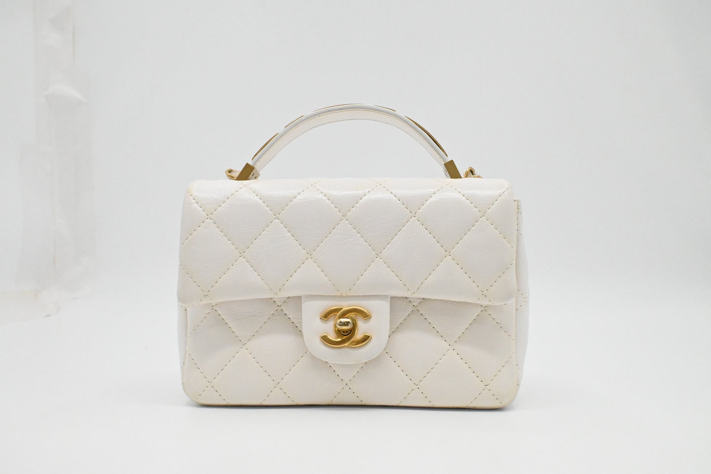 Chanel Small Top Handle Flap in White Leather