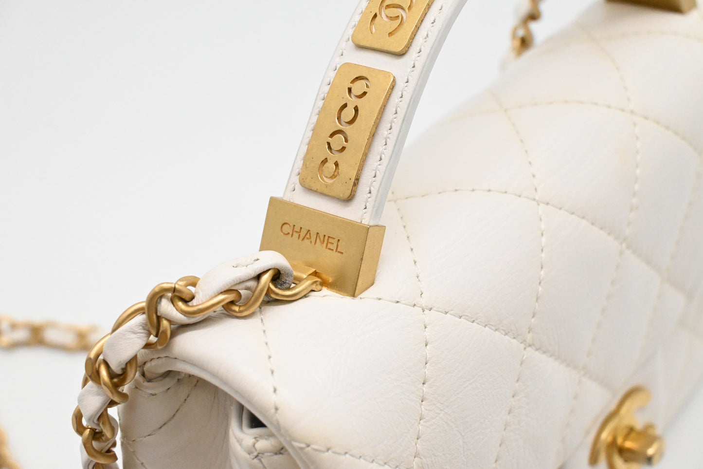 Chanel Small Top Handle Flap in White Leather