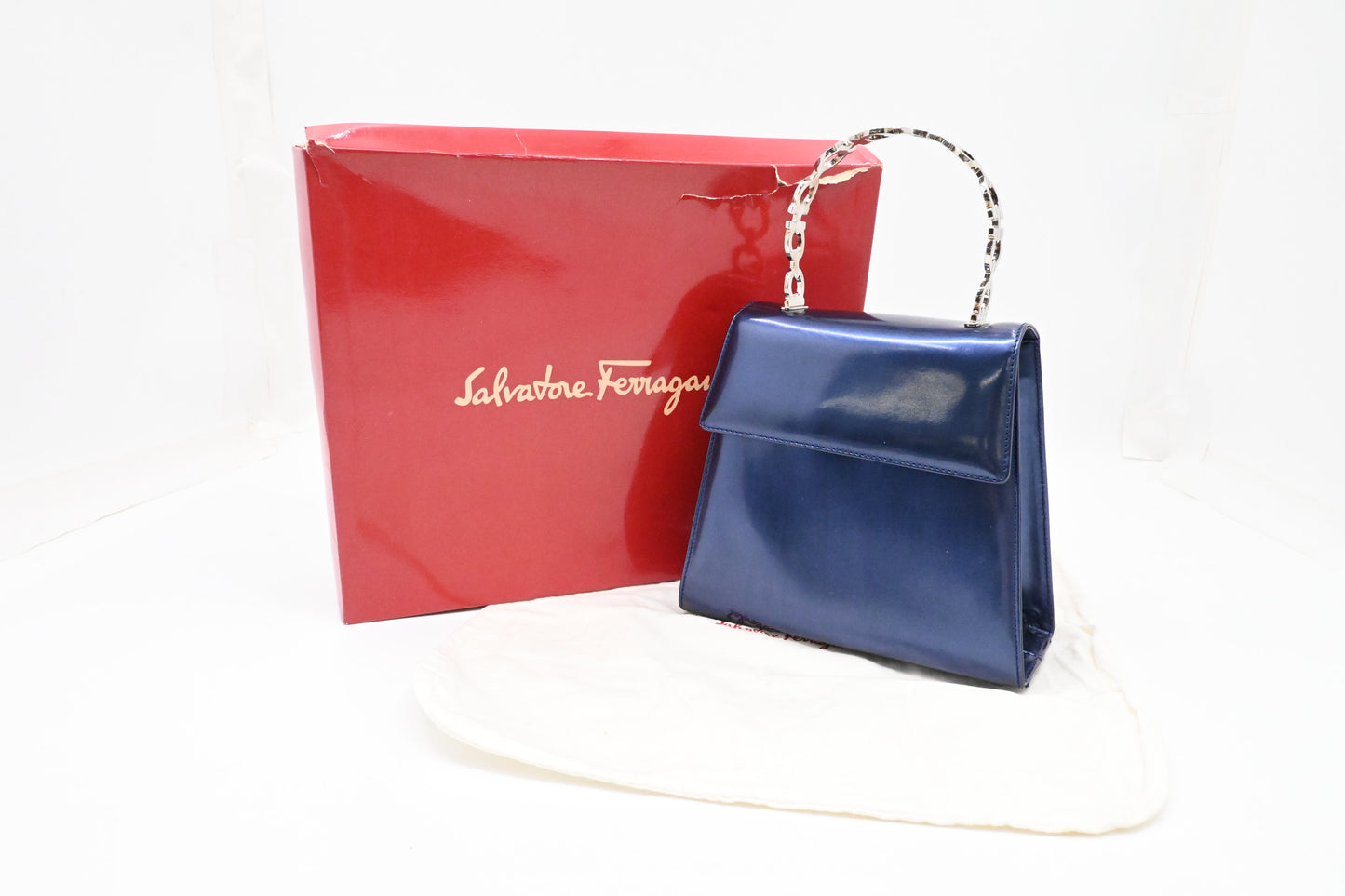 Ferragamo Top Handle Bag in Metallic Blue Patent Leather