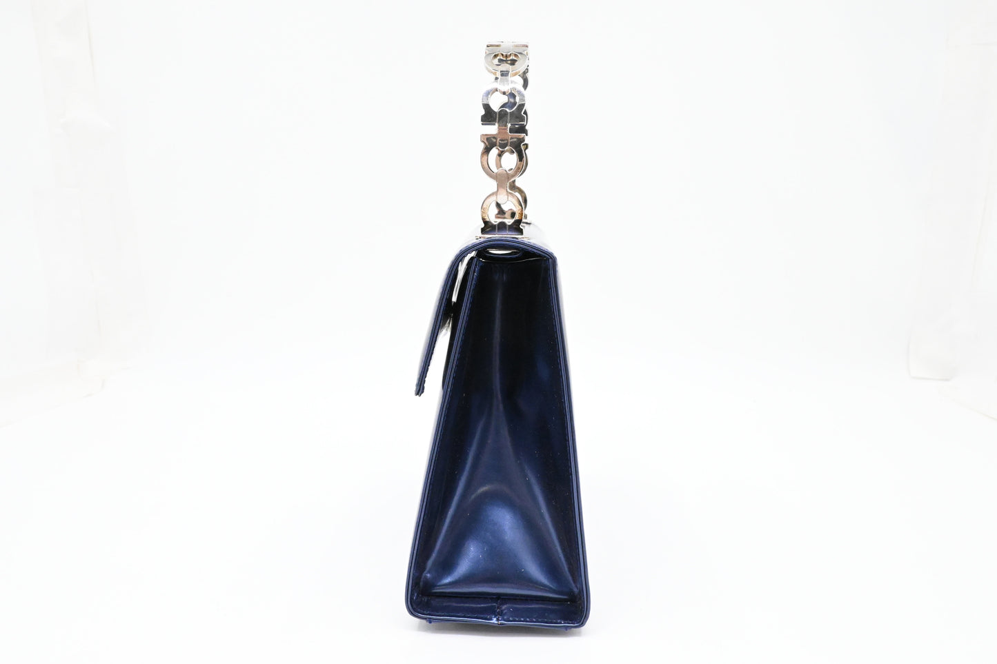 Ferragamo Top Handle Bag in Metallic Blue Patent Leather