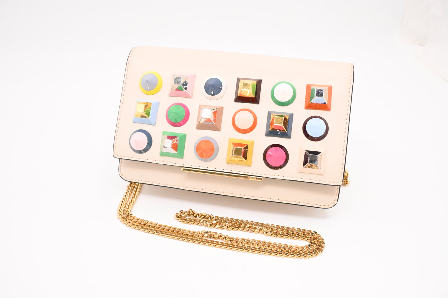 Fendi Studded Chain Wallet in Cream Leather