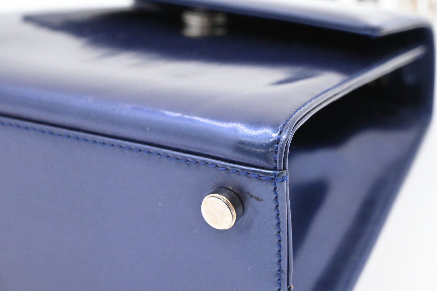 Ferragamo Top Handle Bag in Metallic Blue Patent Leather